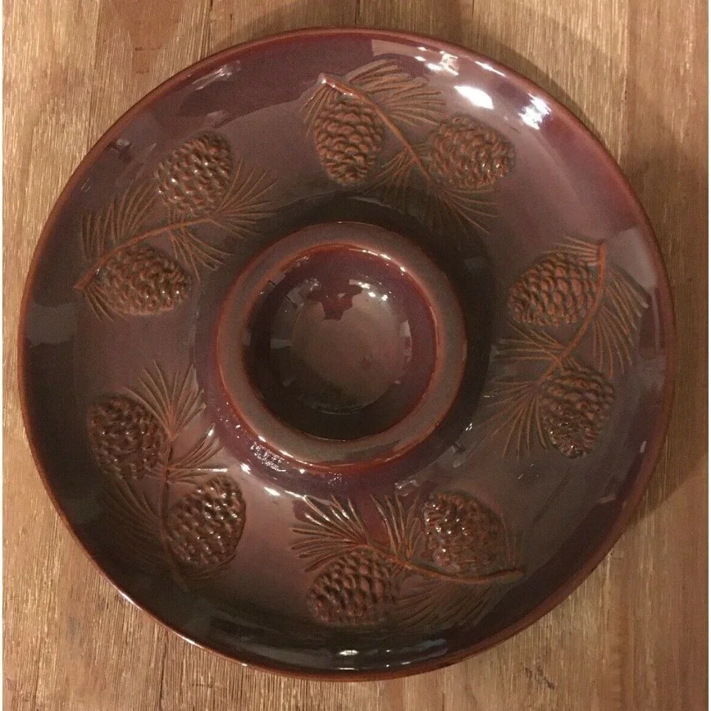 Big Sky Carvers Fusion PInecone Vegetable Chip Dip Tray Platter Brown Stoneware